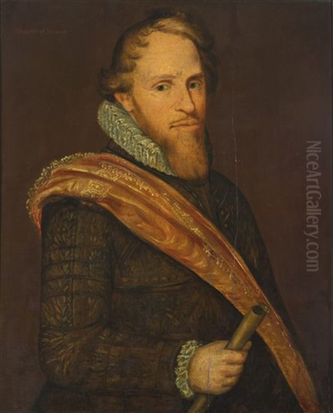 Portrait Of Prince Maurice Of Nassau, Half-length, Wearing Armour And A Red Sash, Holding A Baton Oil Painting by Michiel Jansz. van Mierevelt
