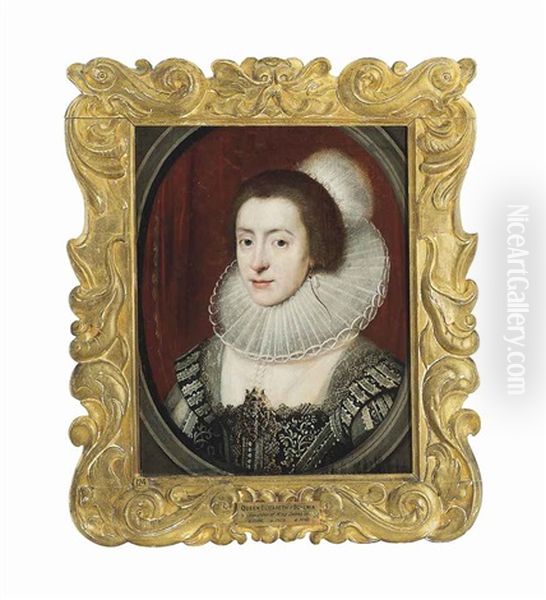 Portrait Of Elizabeth Stuart (1596-1662), Electress Palatine, Queen Of Bohemia, Bust-length, In A Black And White Embroidered Dress Encrusted With Jewels, Wearing A White Ruff And A Plumed Headdress, In A Sculpted Oval Oil Painting by Michiel Jansz. van Mierevelt