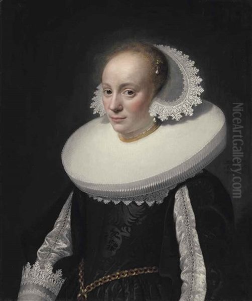 Portrait Of A Young Lady, Aged 17, Half-length, In A Black Embroidered Dress With Slashed Sleeves And A White Ruff And Lace Headdress Oil Painting by Michiel Jansz. van Mierevelt
