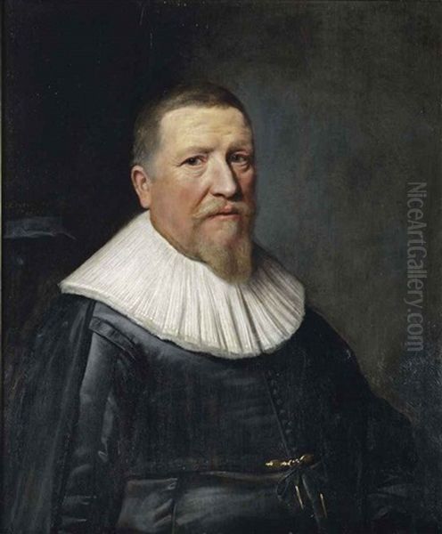 Portrait Of A Gentleman, Half-length, In A Black Waistcoat With A Black Mantle And A White Ruff Oil Painting by Michiel Jansz. van Mierevelt