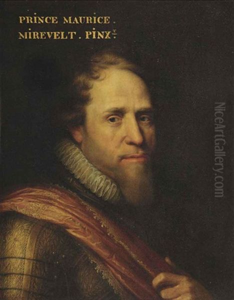 Portrait Of Maurice Of Nassau, Prince Of Orange (1567-1625), Bust- Length, In A Gilded Wheatsheaf Armour And An Orange Sash Oil Painting by Michiel Jansz. van Mierevelt
