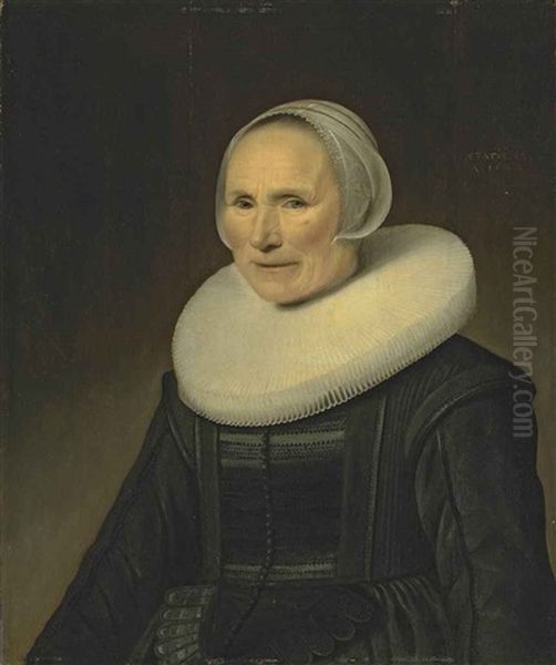 Portrait Of An Old Woman, Half-length, In A Black Dress, A Ruff And A Lace Headdress Oil Painting by Michiel Jansz. van Mierevelt