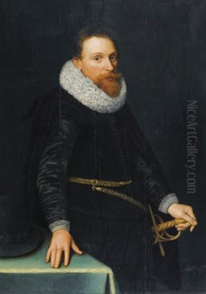 Portrait Of A Gentleman, Three-quarter Length, Standing, Wearing A Black Tunic And White Ruff Oil Painting by Michiel Jansz. van Mierevelt