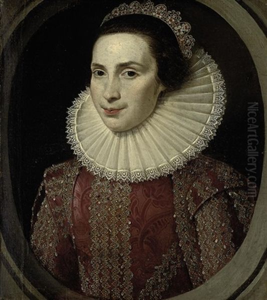 Portrait Of A Lady, In A Gold Embroidered Red Dress With A White Ruff And A Jewelled Tiara, In A Sculpted Cartouche Oil Painting by Michiel Jansz. van Mierevelt