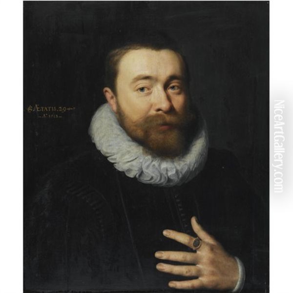 Portrait Of Abraham Van Der Meer, Wearing A Black Costume With A White Ruff, And A Signet-ring Oil Painting by Michiel Jansz. van Mierevelt