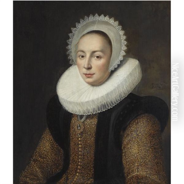 Portrait Of Magdalena Van Beresteyn, Wearing A Gold Embroidered Dress With Vlieger And A Molensteenkraag, And A White Lace Bonnet Oil Painting by Michiel Jansz. van Mierevelt