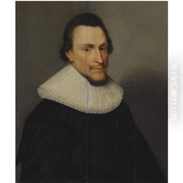 Portrait Of A Bearded Gentleman, Wearing A Black Costume With A White Lace Collar Oil Painting by Michiel Jansz. van Mierevelt