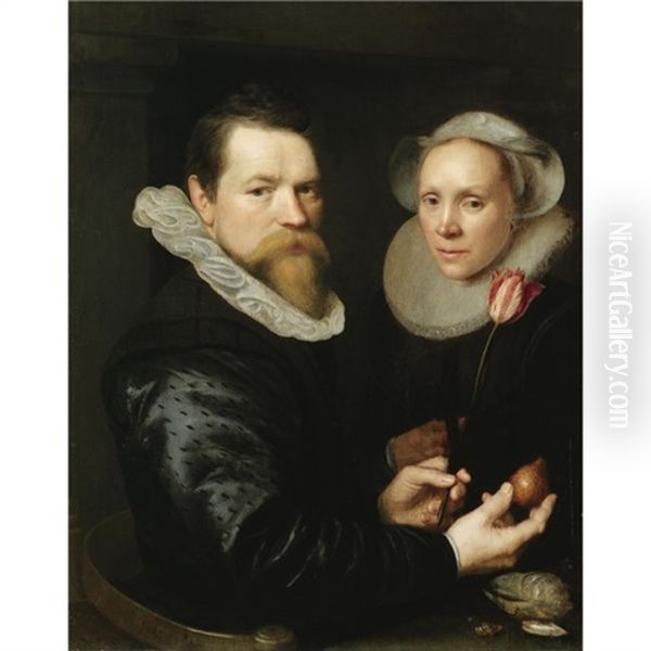 A Double Portrait Of A Husband And Wife, He Holding A Tulip And A Bulb, A Selection Of Shells On The Shelf Below Oil Painting by Michiel Jansz. van Mierevelt