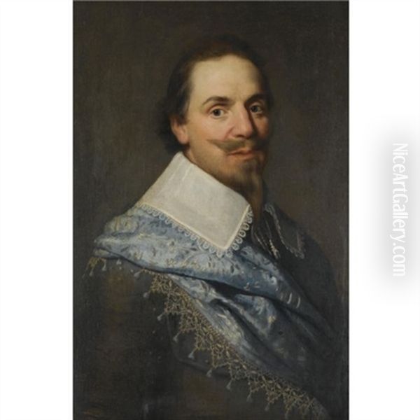 Portrait Of A Gentleman, Head And Shoulders, Wearing Grey With A Pale Blue Sash Oil Painting by Michiel Jansz. van Mierevelt