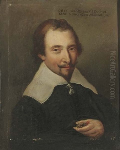 Portrait Of A Gentleman In Black With A White Collar (+ Portrait Of A Lady In A Black Dress With A White Ruff And Headdress; Pair) Oil Painting by Michiel Jansz. van Mierevelt