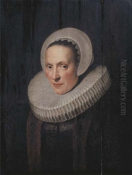 Portrait Of Anna Van Loon, Nee Ruychaver, Bust-length, In A Black Embroidered Dress With Fur And A Molenkraag And White Bonnet Oil Painting by Michiel Jansz. van Mierevelt