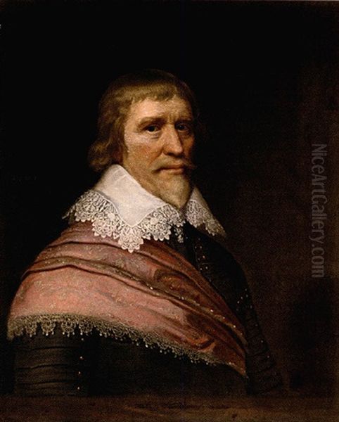 Portrait Of Edward Cecil, Viscount Wimbledon, Aged 59, Wearing Armour, A White Lace Ruff And A Red Sash Oil Painting by Michiel Jansz. van Mierevelt