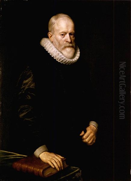 Portrait Of A Gentleman Wearing Black With A White Ruff And Standing Beside A Table With His Hand On A Book Oil Painting by Michiel Jansz. van Mierevelt
