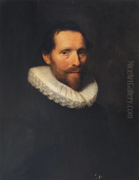 Portrait Of A Gentleman (hugo Grotius?) Wearing Black With A White Ruff Oil Painting by Michiel Jansz. van Mierevelt