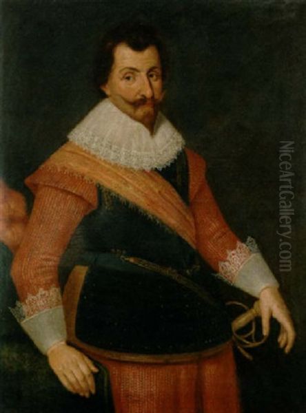 Portrait Of A Bearded Gentleman (a Member Of The House Of Nassau-orange?) In A Breastplate With An Orange Sash, His Hand On A Table, A Plumed Hat At His Side Oil Painting by Michiel Jansz. van Mierevelt