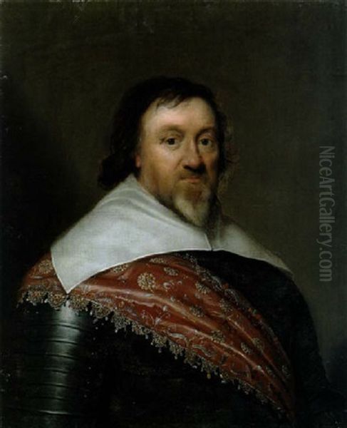 Bildnis Eines Offiziers Mit Harnisch Mit Mattrosa, Silber- Und Gold- Bestickter Seidenscharpe Oil Painting by Michiel Jansz. van Mierevelt