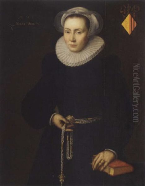 Portrait Of A Lady Aged 30, In A Black Dress With A White Ruff, A Pomander In Her Right Hand, Her Left Arm Resting On A Book Oil Painting by Michiel Jansz. van Mierevelt