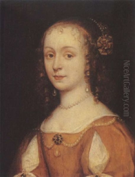 Portrait Of A Young Woman In Ochre Dress With Slashed Sleeves Set With Pearls Oil Painting by Michiel Jansz. van Mierevelt