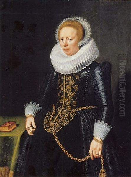 Portrait Of A Lady In A Black Gold-embroidered Dress, A Ruff And A Lace Headdress, With A Pomander Hanging On A Gold Chain Oil Painting by Michiel Jansz. van Mierevelt
