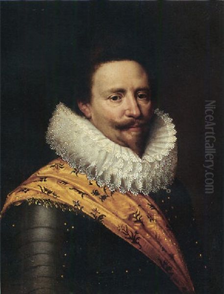 Portrait Of Stadholder Frederik Hendrik, Prince Of Orange, Wearing Armour Suit With Lace Collar And Orange Sash Oil Painting by Michiel Jansz. van Mierevelt