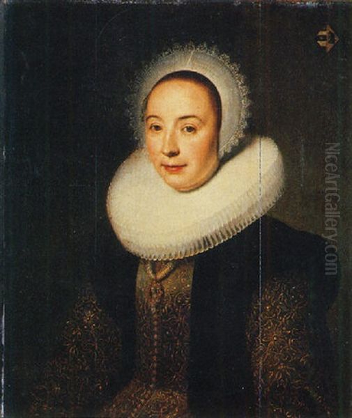 Portrait Of Magdalena Van Beresteyn, Wearing A Gold Embroidered Green Dress With Molenkraag And Vlieger And Lace Bonnet Oil Painting by Michiel Jansz. van Mierevelt