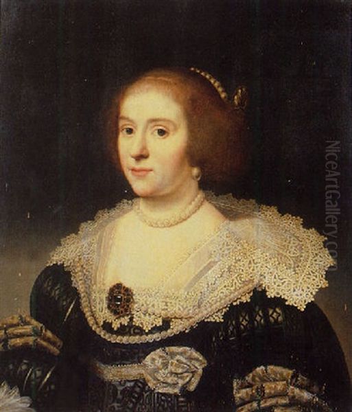 Portrait Of Amalia Van Solms Wearing A Black Dress With Slashed Sleeves, Set With Precious Stones And Pearls, Lace Collar, Pearl Necklace, Earrings And Headdress Oil Painting by Michiel Jansz. van Mierevelt