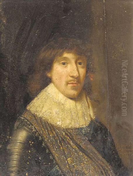 Portrait Of Christian, Duke Of Brunswick In Armour With A White Lace Collar, A Blue And Gold Sash Over His Right Shoulder Oil Painting by Michiel Jansz. van Mierevelt