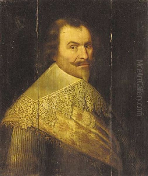 Portrait Of A Gentleman In A Striped Doublet, A Gold Embroidered Sash And A Lace Collar Oil Painting by Michiel Jansz. van Mierevelt