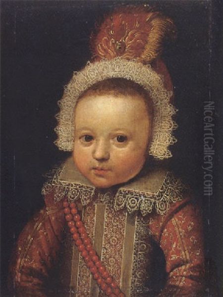 Portrait Of A Young Boy (johan Van Der Veecken?) Wearing An Embroidered Red Costume With Lace Collar And Cap, And Strings Of Corals Oil Painting by Michiel Jansz. van Mierevelt