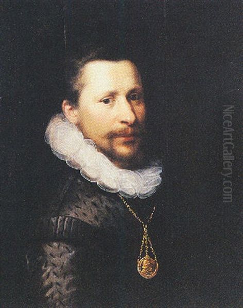 A Portrait Of A Bearded Man Wearing Black Costume With White Collar And A Gold Medallion Oil Painting by Michiel Jansz. van Mierevelt