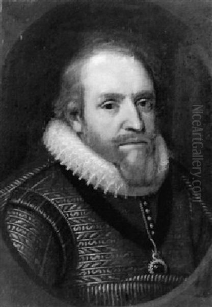 Portrait Of Maurice Of Nassau, Prince Of Orange, Wearing A Jacket With Lace Collar In Feigned Oval Window Oil Painting by Michiel Jansz. van Mierevelt