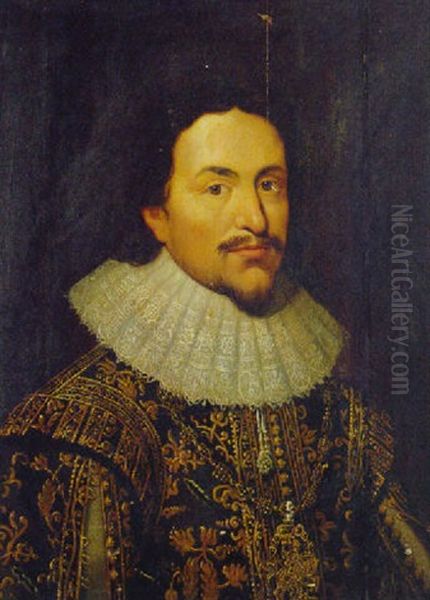 Portrait Of A Gentleman, In A Gold Embroidered Doublet And A Lace Ruff Oil Painting by Michiel Jansz. van Mierevelt