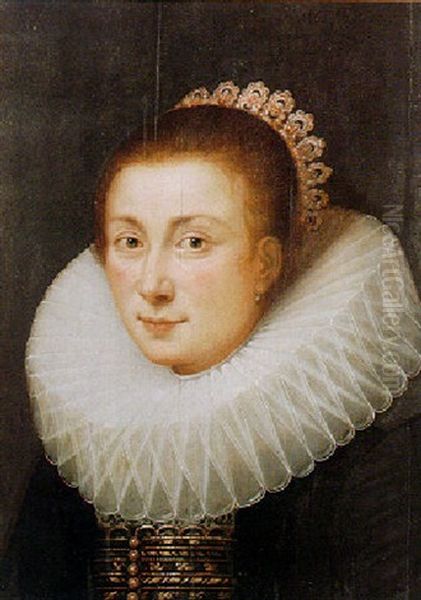 Portrait Of A Young Lady, Head And Shoulders, With A Wide Ruff Collar And Embroidered Corset Oil Painting by Michiel Jansz. van Mierevelt