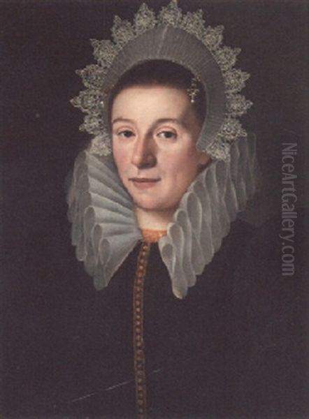 Portrait Of A Lady, Half-length, In A Black Dress With A Ruff And A Lace Headdress Oil Painting by Michiel Jansz. van Mierevelt