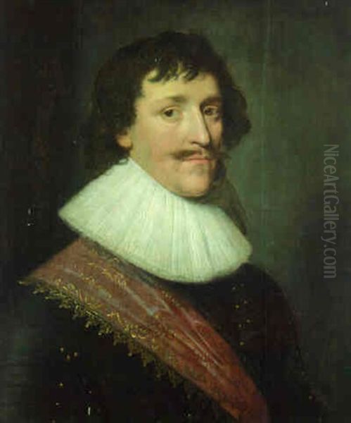 Portrait Of A Gentleman In A Black Coat Wearing The Orange Sash Of The Dutch Military Service Oil Painting by Michiel Jansz. van Mierevelt
