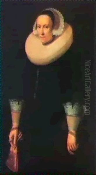 Portrait Of A Lady, Standing Three-quarter Length, Wearing  A Black Costume With White Ruff And Lace Cuffs, Holding Oil Painting by Michiel Jansz. van Mierevelt