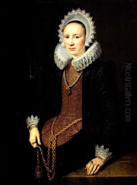 Portrait Of Lady, Standing Three-quarter Length, Wearing    An Elaborate Brown And Black Costume With Gold Etc. Oil Painting by Michiel Jansz. van Mierevelt