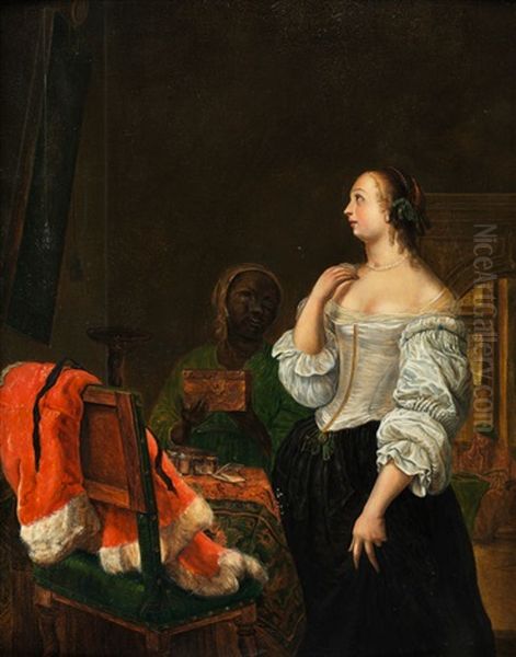 Einer Dame Wird Von Einer Dienerin Eine Schmuckkassette Gereicht Oil Painting by Frans van Mieris