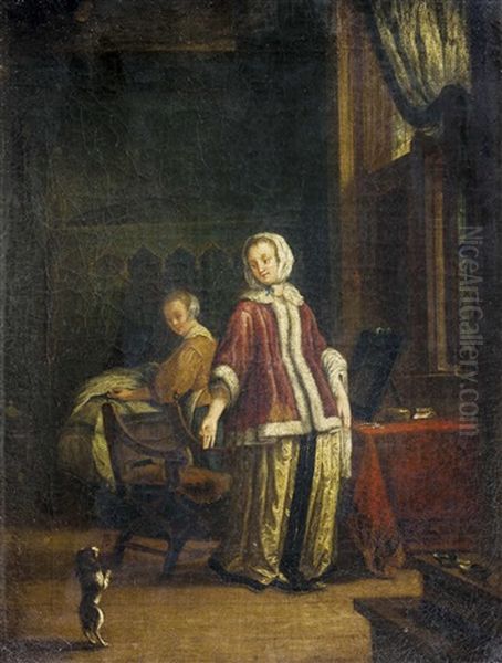 Zwei Bilder: A) Dame Und Zofe Beobachten Hundchen B) Interieur Mit Muschelesser (2 Works) Oil Painting by Frans van Mieris