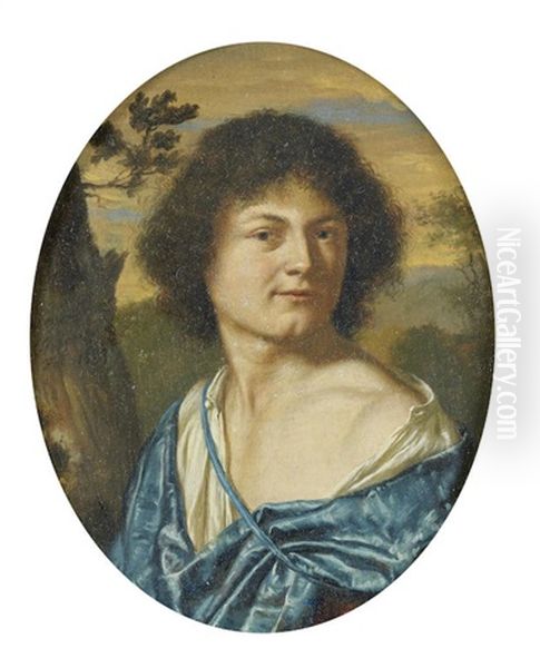 Portrait Of A Young Man, Bust-length, In Blue And White, Before A Landscape Oil Painting by Frans van Mieris
