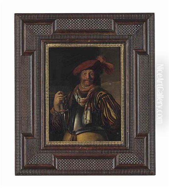 Portrait Of A Gentleman, Three-quarter-length, In Armour And A Red Plumed Cap, A Sword In His Right Hand Oil Painting by Frans van Mieris