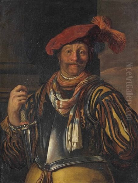 Portrait Of A Gentleman, Three-quarter-length, In Armour And A Red Plumed Cap, A Sword In His Right Hand Oil Painting by Frans van Mieris