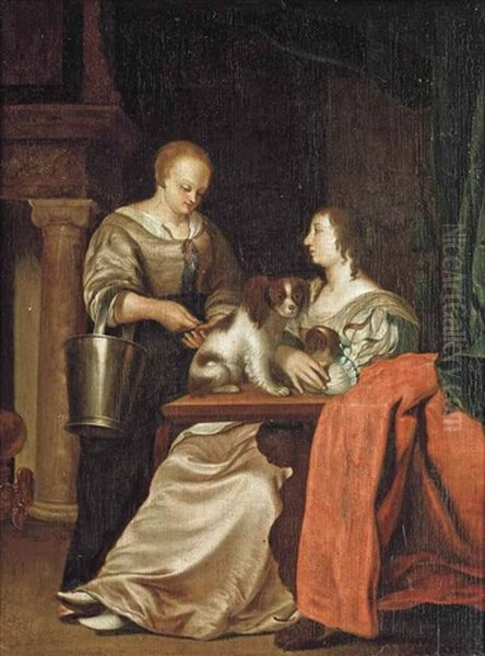 A Lady And Her Maid In An Interior Oil Painting by Frans van Mieris
