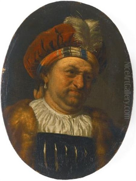 A Trony Self-portrait Of The Artist, Bust-length, Wearing A Turban Crowned With A Feather, And Fur-trimmed Robe Oil Painting by Frans van Mieris