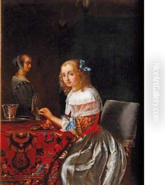 Jeune Femme Enfilant Des Perles Oil Painting by Frans van Mieris