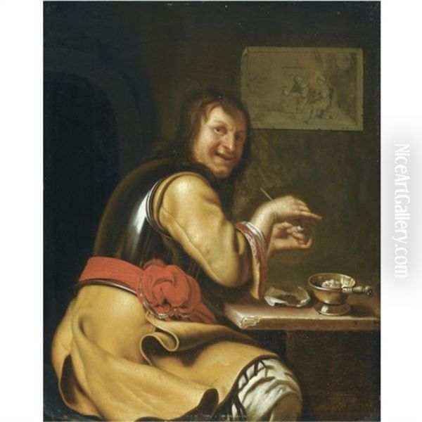A Smoking Soldier Oil Painting by Frans van Mieris