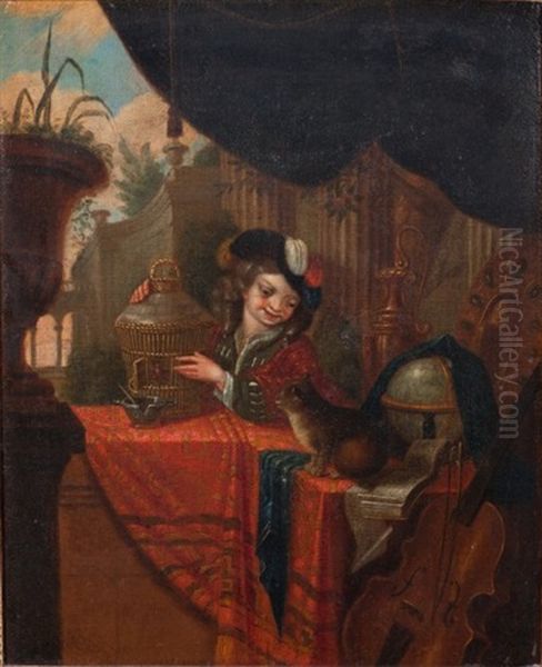 L'enfant, La Cage A Oiseaux Et Le Chien Oil Painting by Frans van Mieris