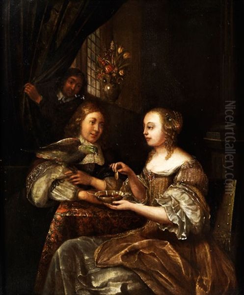 Junges Hofisches Paar In Einem Abgedunkelten Interieur An Einem Tisch Oil Painting by Frans van Mieris