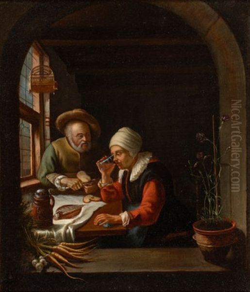 A Peasant Meal Oil Painting by Frans van Mieris