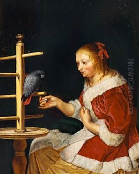 A Young Girl In A Red Jacket Feeding A Parrot Oil Painting by Frans van Mieris
